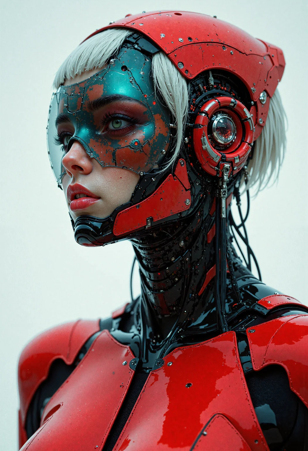masterpiece, high-quality, A cybernetic woman in sleek red and black armor, her short white hair contrasting sharply with her intense gaze, Her armor is streamlined with metallic accents and a translucent larger image of herself looms behind as if showing her inner power, neon reflections, minimalistic composition, elaborate fine details, hyperdetailed, intricate details, Refined details, best quality, high resolution, <lora:FLUX\FantasticalRealismV2:1.0>