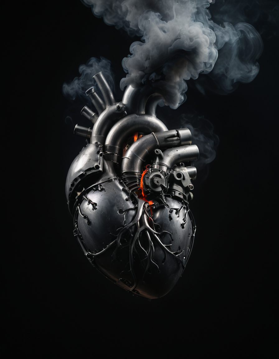 A combustion engine in the shape of a human heart, dark gray background with smoke and steam <lora:xl_more_art-full_v1:0.35> <lora:zavy-cntrst-sdxl:1> dark, chiaroscuro, low-key
