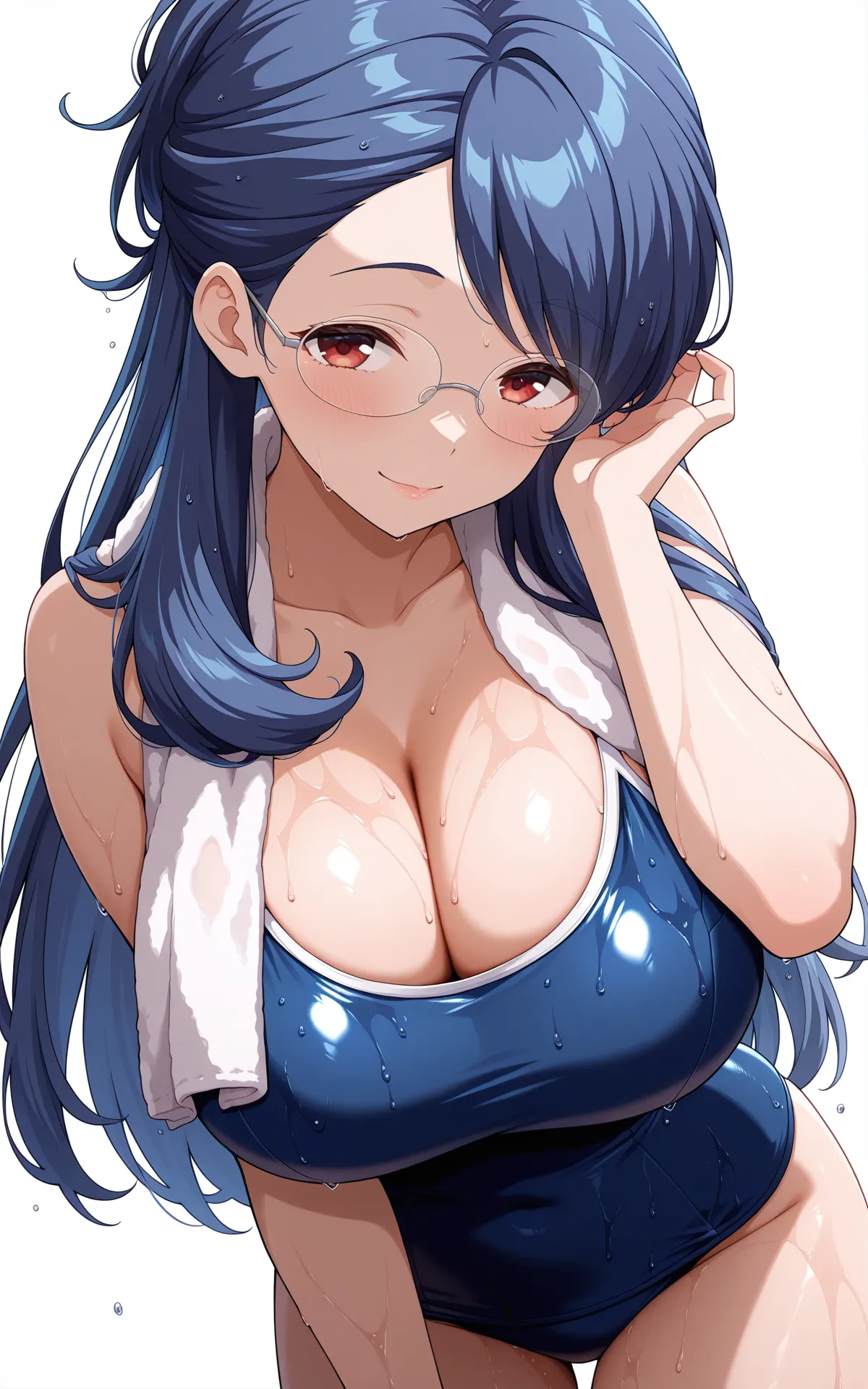 masterpiece,best quality,good quality,newest,4k,perfect lighting,cinematic,very aesthetic,official art,anime screencap,anime coloring,(white background,simple background:1.2),
1girl,solo,kaito mitsuko,blue hair,long hair,red eyes,glasses,huge breasts,
blue one-piece swimsuit, school swimsuit,
seductive smile,looking at viewer,adjusting hair,wet,wet hair,towel around neck,BREAK
<lora:ILmitsuko:1>