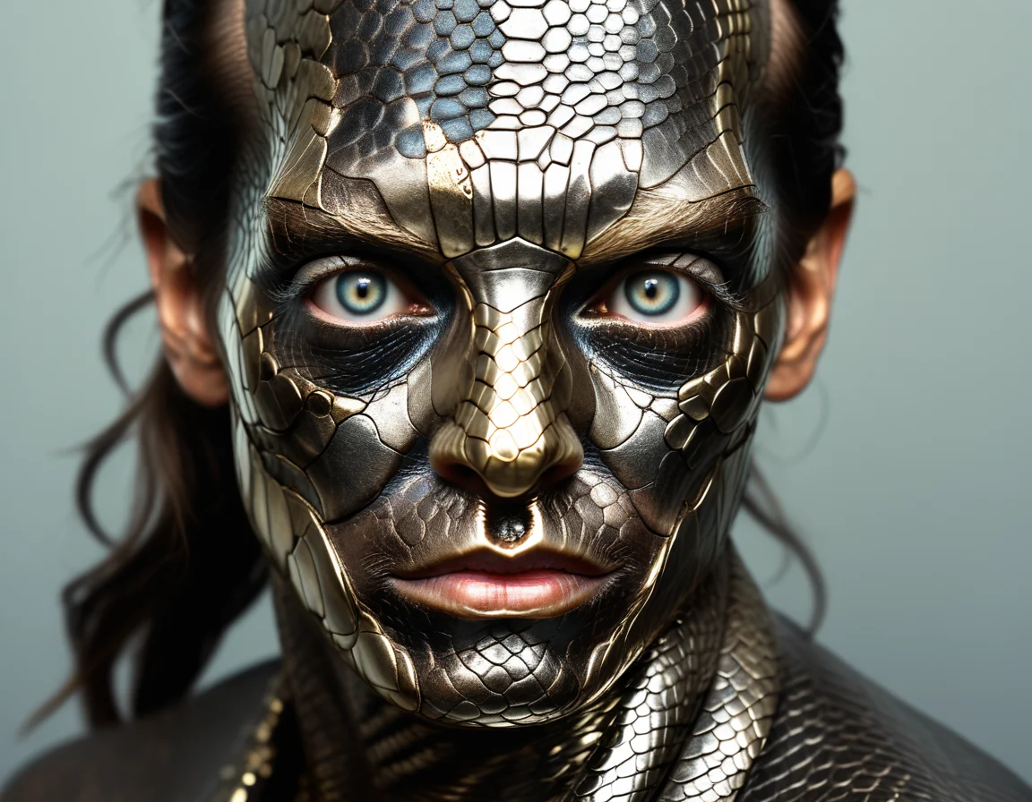 portrait iron skin, snake skin
metal eyes