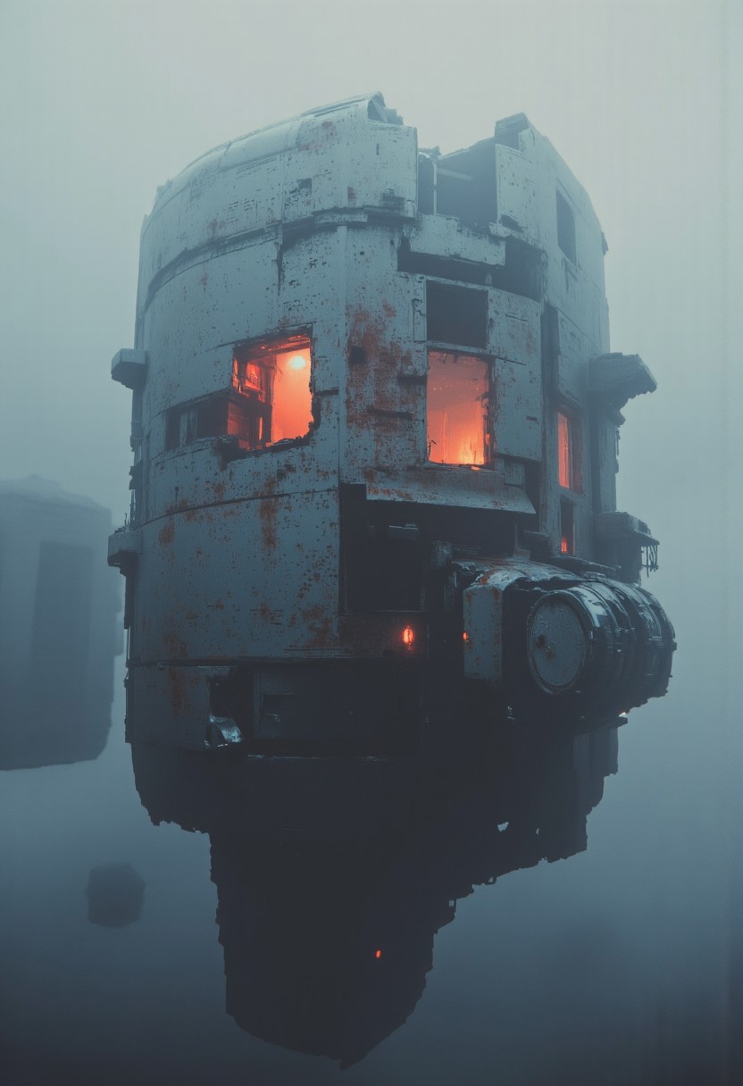 Sci-fi mod, a dark and eerie space scenery. A massive, derelict space station floats lifelessly in the void, its structure fractured and decayed, covered in layers of frost and cosmic dust. The skeletal remains of docking arms and shattered observation windows jut out at odd angles, whispering of a forgotten era.
A vast, bleached-out nebula drifts sluggishly around the station, its pale tendrils stretching like the remnants of something long dead. The fog is almost colorless, drained of vibrancy, yet shifting in slow, eerie currents. Within this haze, faint neon orange-red highlights flicker like dying embers—malfunctioning hazard lights, emergency beacons still pulsing despite the absence of life. The glow refracts through the thinning mist, forming jagged, fractured reflections that shimmer across the station’s worn metal plating.
The surrounding void is cold and endless, the distant stars barely visible through the nebulous shroud. A single, ominous backlight silhouettes the station, casting elongated shadows that stretch unnaturally across its jagged surfaces. The silence is suffocating, broken only by the occasional electrical flicker—a pulse of neon orange-red bleeding into the abyss before fading back into the desolation.
