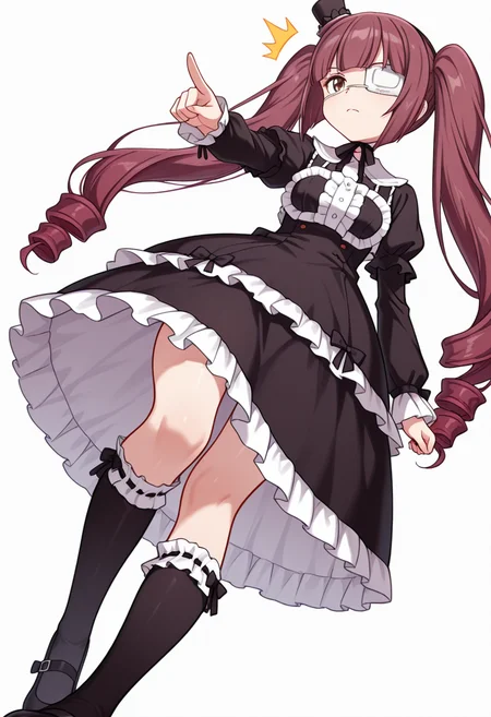 Smooth Quality,masterpiece,very intricate, high quality details, ultra realistic, high detailed skin,detailed enviorement,absurdres,
pointing forward,
<lora:Hanazono_Yurine_CNR:0.8> yurine_cnr, brown hair,very long hair, brown eyes, medical eyepatch, frown, twintails, drill hair,
yurine_def_cnr, 1girl, gothic fashion, black dress, frilled dress, long sleeves, mini top hat, black socks, kneehighs, shoes, mary janes, ribbon-trimmed legwear,, simple background, white background, from below,solo,, ^^^,