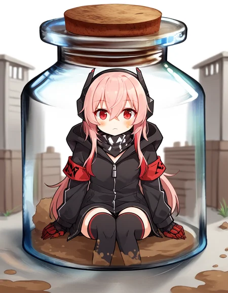 score_9, score_8_up, score_7_up, source_anime, <lora:girlsfrontline-m4-sopmod-ii-ponyxl-lora-nochekaiser:1>, m4 sopmod ii, hair between eyes, red eyes, pink hair, streaked hair, red hair, sidelocks, long hair, multicolored hair, two-tone hair,, armband, black gloves, black jacket, black scarf, black thighhighs, gloves, hair ornament, headgear, headphones, holster, hood, hooded jacket, jacket, mechanical hands, red armband, scarf, thighhighs, track jacket,, trench, dirt, warfare, shelter, depth, , <lora:pixiv-bottle-ponyxl-lora-nochekaiser:1> pixiv bottle, pixiv bottle (meme), in bottle, cork, jar, in container, meme, minimized, glass, against glass, blush, sitting, wariza,, looking at viewer, solo,, dutch angle, cowboy shot