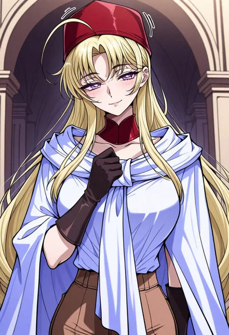 masterpiece, best quality, newest, highres, uncensored, 1girl, yokota mamoru style,1girl, slender face,motion lines,blush,seductive smile,torogao
Cecilia,Ahoge Hair, Blonde Hair, Waist Length Hair,Long Hair,Violet Eyes,Large Eyes,Choker,Slim
Igirl,ottoman clothing, covered hair, white scarf, white kaftan red yelek,red fez hat,Hagia Sophia \(building\) background,red fez \(hat\), black gloves, brown pants,