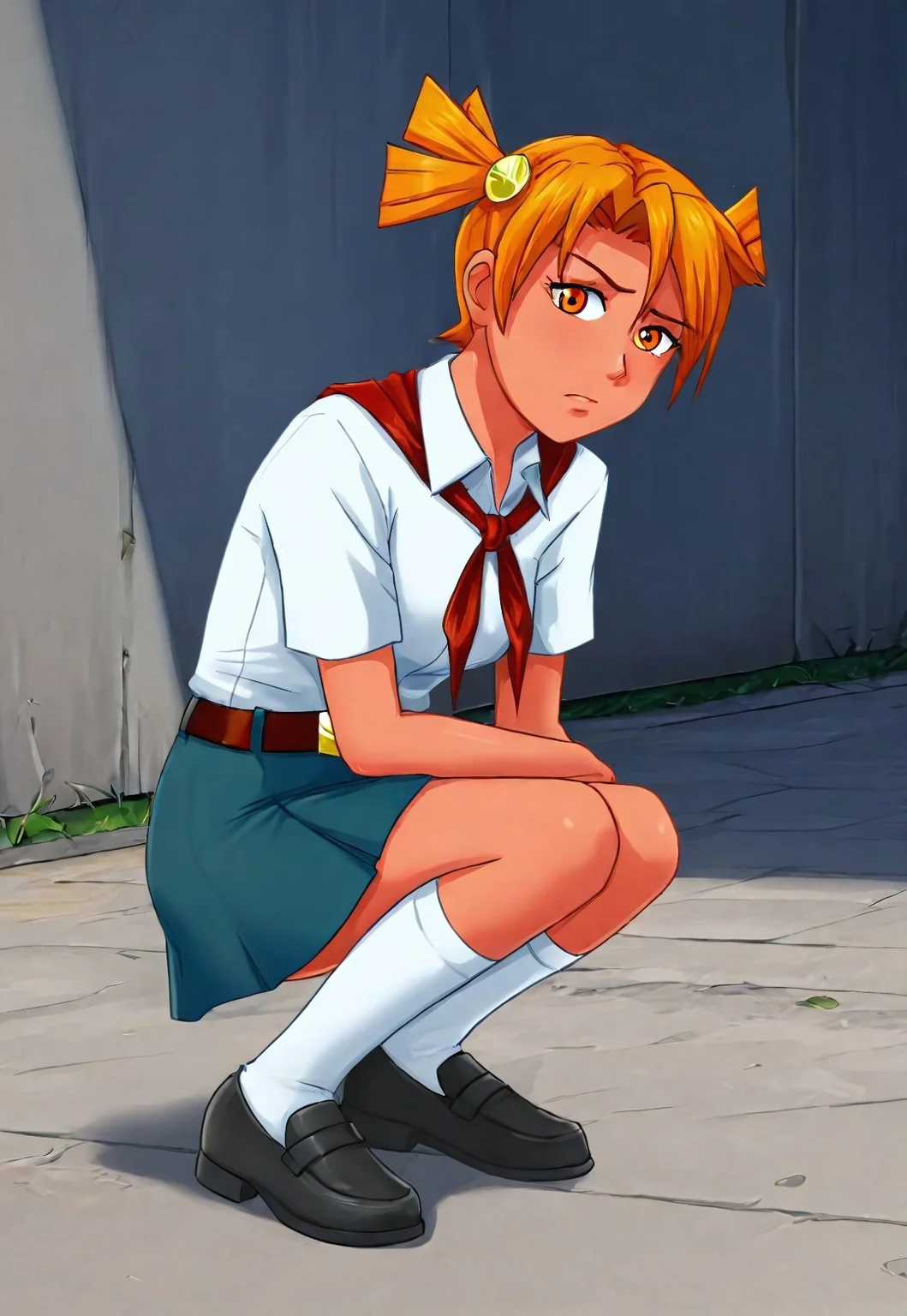 score_9, score_8_up, score_7_up,  AILT, AliceDV, orange hair, orange eyes, short twintails, hair ornament,, White collared shirt, red neckerchief, blue skirt, belt, white socks, black shoes
