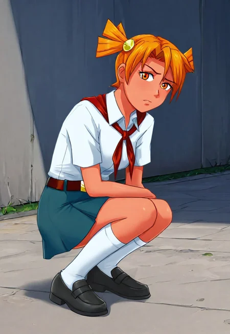 score_9, score_8_up, score_7_up, AILT, AliceDV, orange hair, orange eyes, short twintails, hair ornament,, White collared shirt, red neckerchief, blue skirt, belt, white socks, black shoes