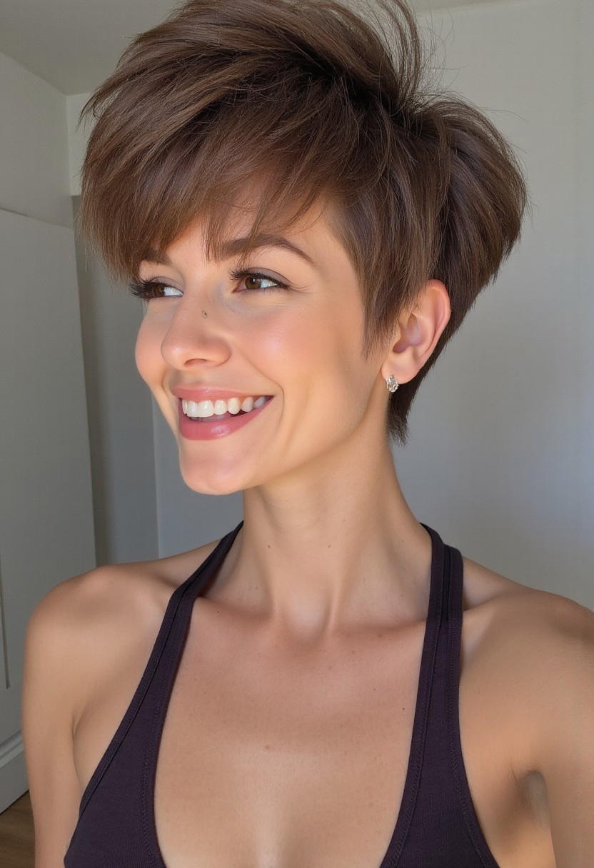 a tall Russian woman with an athletic body. she has a pixie haircut with a lot of hair volume. amazing hair texture. gorgeous perfect smile, tiny waist. shiny perfect texture