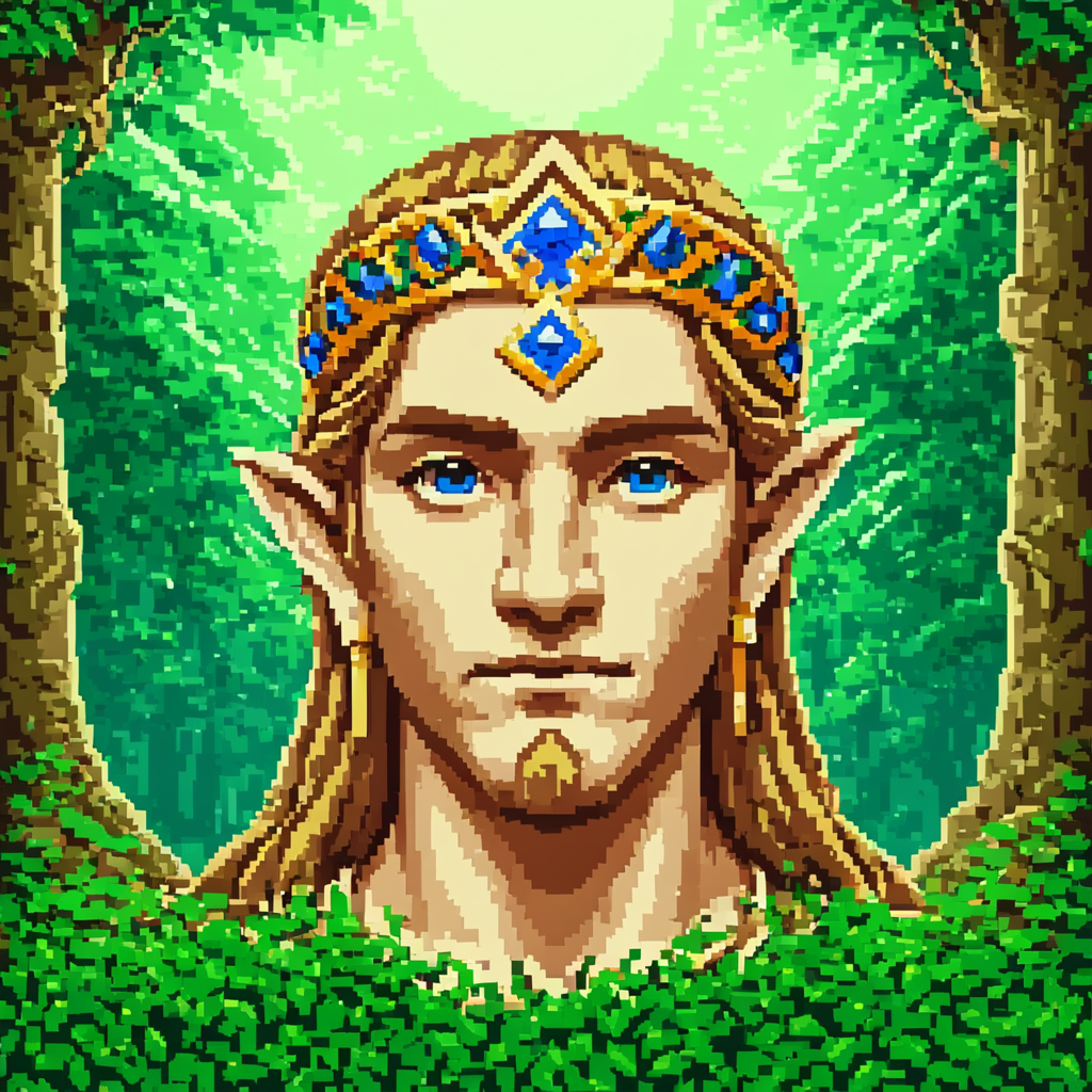 pixel-art pixelartlora, 1man, portrait . low-res, blocky, pixel art style, 8-bit graphics, pixelartlora, 1man, portrait,The Legend of Zelda, Fantasy adventure, ancient temples, mystical creatures, lush forests, magical elements, intricate details