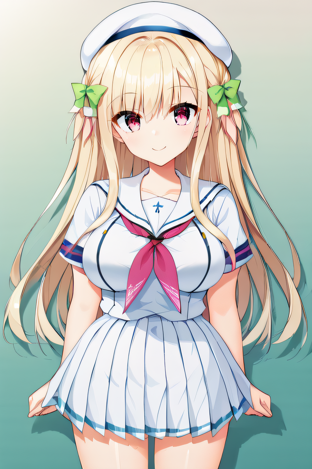 score_9, score_8_up, score_7_up, source_anime, rating_safe, intricate details, official style, 1girl, solo, <lora:Kashima_Riri:1>, riri, blonde hair, long hair, pink eyes, large breasts, green_hair_bows, twin_bows, white headwear, white beret, school uniform, white shirt, buttoned, fucsia neckerchief, white skirt, sailor collar, short sleeves, plaid print, looking at viewer, smile, indoor, cowboy shot