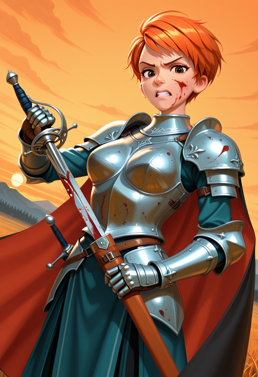Graphic Design, color art, vibrant colors, colorful, intricate details, high contrast, detailed background, beautiful detailed, beautiful face, detailed eyes, detailed face, new, 1girl, solo, l3r4, short hair, orange hair, brown eyes, medium breasts, knight, looking at viewer, dynamic pose, perspective, plains, nature, evening, sunset, orange sky, dutch angle, cowboy shot, armor, short cape, unsheathing sword, weapon, rapier, holding weapon, (blood on face, blood on armor:1.3), angry, clenched teeth, (masterpiece, best quality, newest, recent, absurdres),