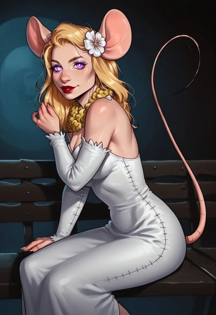 score_9, score_8_up, score_7_up, BREAK, Lahwinie, old vampire castle background, 1girl, mouse girl, Frankenstein mouse girl, solo, long blonde hair, petite, slender, wide hips, long white dress, medium breasts, frankenstein outfit, slender, seductive, purple eyes, sitting on bench, glowing eyes, mouse anthro, mouse tail, one tail, mouse ears, mouse legs, 3/4 side view, looking at viewer, frankenstein monster mouse girl, flower in hair, red lips, [Concept Art], ExpressiveH, [eye lighting, dark night, spooky]
