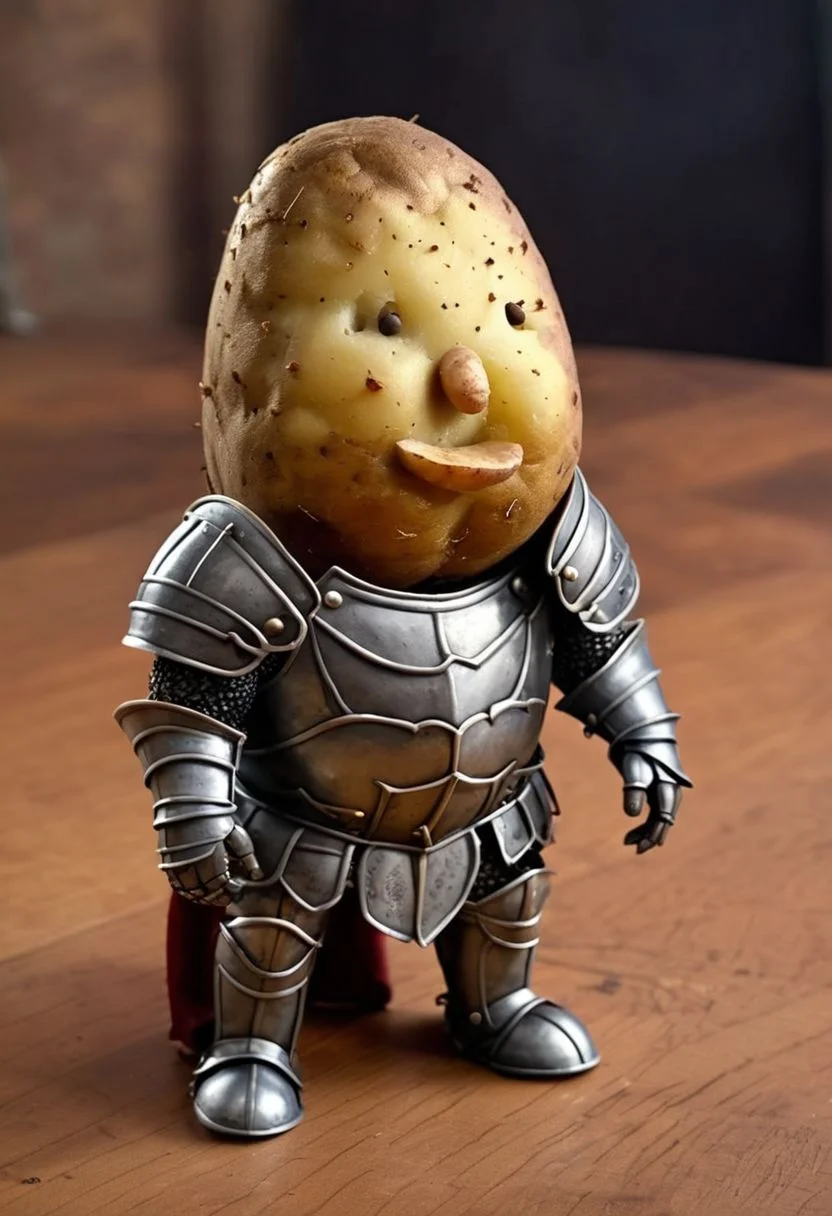a potato in knights armor, normal potato, cute, scene from game of potato thrones