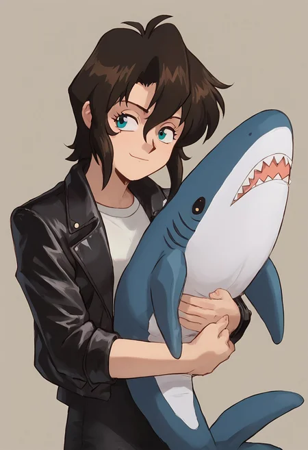 score_9, score_8_up, score_7_up,
BREAK
hugging, shark, stuffed shark
BREAK
gnsmth, rally, leather jacket, tshirt, pencil skirt, black leather miniskirt,