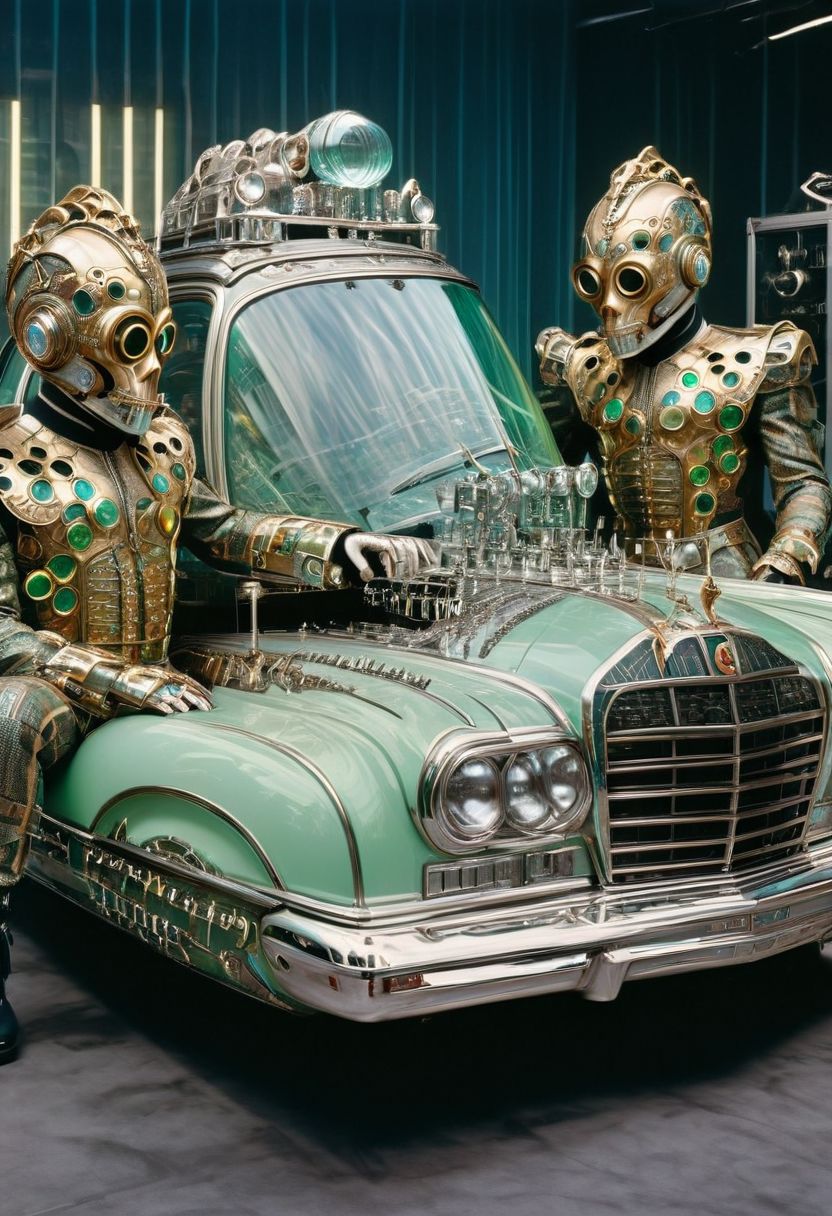 An incredible award winning experimental cinematic still, Three brave men with bell jars for gigantic heads, they have huge freakish eyes, wearing delightful stylish jumpsuits by Gucci, posing in front of a stylish futuristic lowrider hoover car with etched uranium glass windows, 1970s science fiction, dramatic cinematic moody lighting, full soft offset printing, psychedelic trip, cursed image, masterpiece, museum quality, Robert Rauschenberg rococo Style, RococoPunkAI