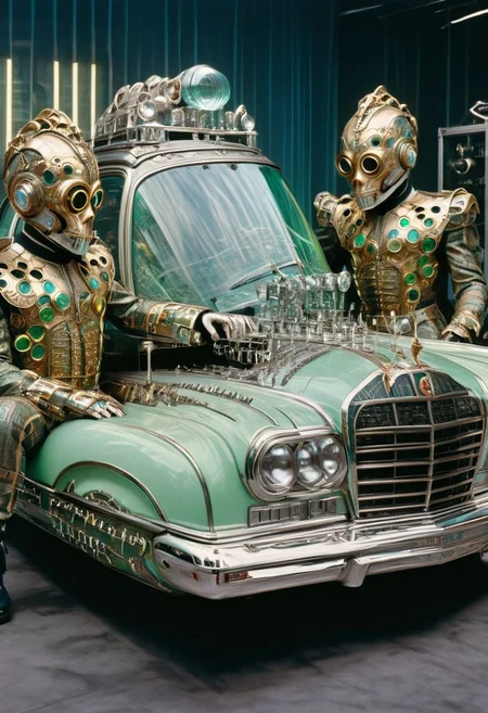 An incredible award winning experimental cinematic still, Three brave men with bell jars for gigantic heads, they have huge freakish eyes, wearing delightful stylish jumpsuits by Gucci, posing in front of a stylish futuristic lowrider hoover car with etched uranium glass windows, 1970s science fiction, dramatic cinematic moody lighting, full soft offset printing, psychedelic trip, cursed image, masterpiece, museum quality, Robert Rauschenberg rococo Style, RococoPunkAI