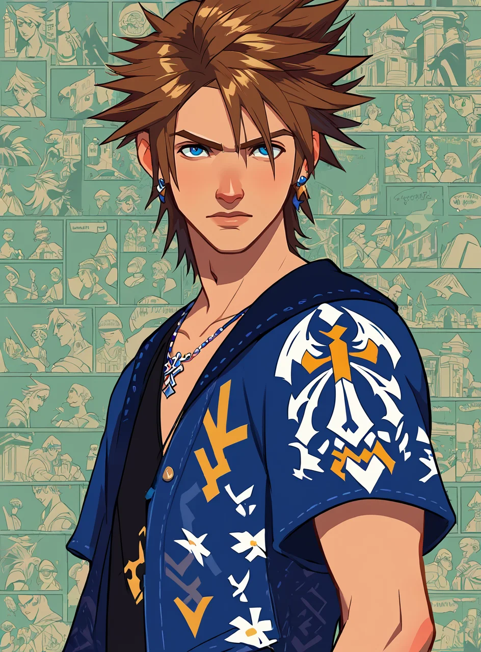 score_9, score_8_up, score_7_up, bullypxl, comic wallpaper, <lora:bullypxl:0.7>, best quality, 2d, 1boy, sora \(kingdom hearts\), spiked hair, blue eyes
