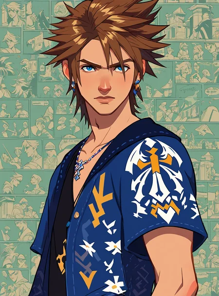 score_9, score_8_up, score_7_up, bullypxl, comic wallpaper, <lora:bullypxl:0.7>, best quality, 2d, 1boy, sora \(kingdom hearts\), spiked hair, blue eyes