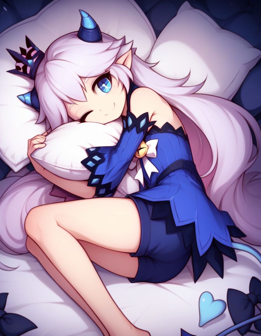score_9,score_8_up,score_7_up, BREAK  ,qoyhjs,  1girl, solo,   <lora:Luciela-Elsword_Character:1> luciela r. sourcream , petite,  cone horns, small horns,  mini crown,blue dress,   white bow,  detached sleeves, shorts, long hair,  solo, hugging pillow,  lying, on side, fantasy, cute smile,  in a  demonic castle , one eye closed,