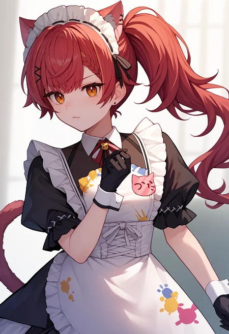 score_9, score_8_up, score_7_up, score_6_up, nekota3rd, long hair, braid, side ponytail, maid headdress, animal ears, frills, black dress, neck ribbon, white apron, maid apron, frilled apron, puffy short sleeves, wrist cuffs, black gloves, cat tail<lora:vspo_nekotatsuna_ponyXL:1> source_anime, arms at her side, confident