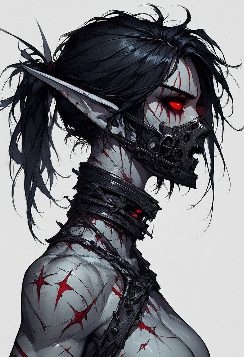 score_9, score_8_up, score_7_up, score_6_up, Expressiveh, masterpiece, (((High Resolution, Best Quality))), highly detailed, 
1girl, night elf, tall girl, athletic, (pale grey skin, red facetattoo), pointy ears, long ears, (red eyes, glowing eyes, red sclera), (black hair, messy hair, short ponytail, bangs), scars, ((giant iron neck brace, lower face mask, iron mask, iron mouth protection))