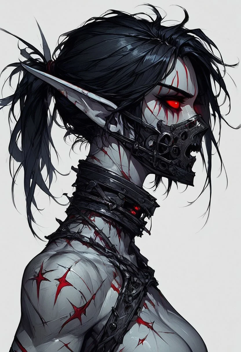 score_9, score_8_up, score_7_up, score_6_up, Expressiveh, masterpiece, (((High Resolution, Best Quality))), highly detailed,
1girl, night elf, tall girl, athletic, (pale grey skin, red facetattoo), pointy ears, long ears, (red eyes, glowing eyes, red sclera), (black hair, messy hair, short ponytail, bangs), scars, ((giant iron neck brace, lower face mask, iron mask, iron mouth protection))