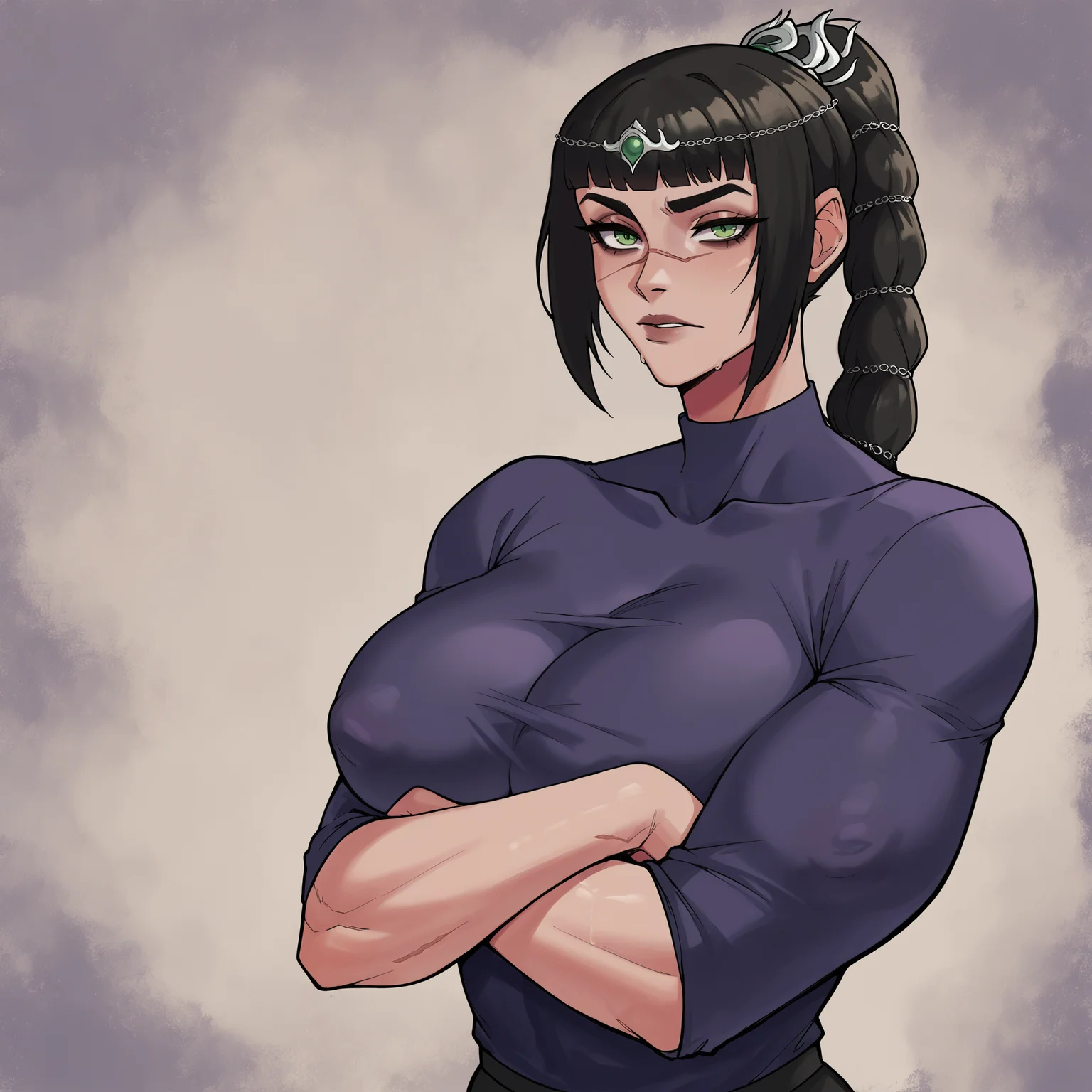 source_anime, score_9, score_8_up, score_7_up, score_6_up, score_5_up, score_4_up, 1girl, shadowheart, green eyes, black hair with long braided ponytail, scar on face, circlet, upper body, huge breasts, crossed arms, covered nipples, solo <lora:sdxl_gud0c_ponyxl_no_activation_v1:0.8> <lora:ShadowHeartXL:1>