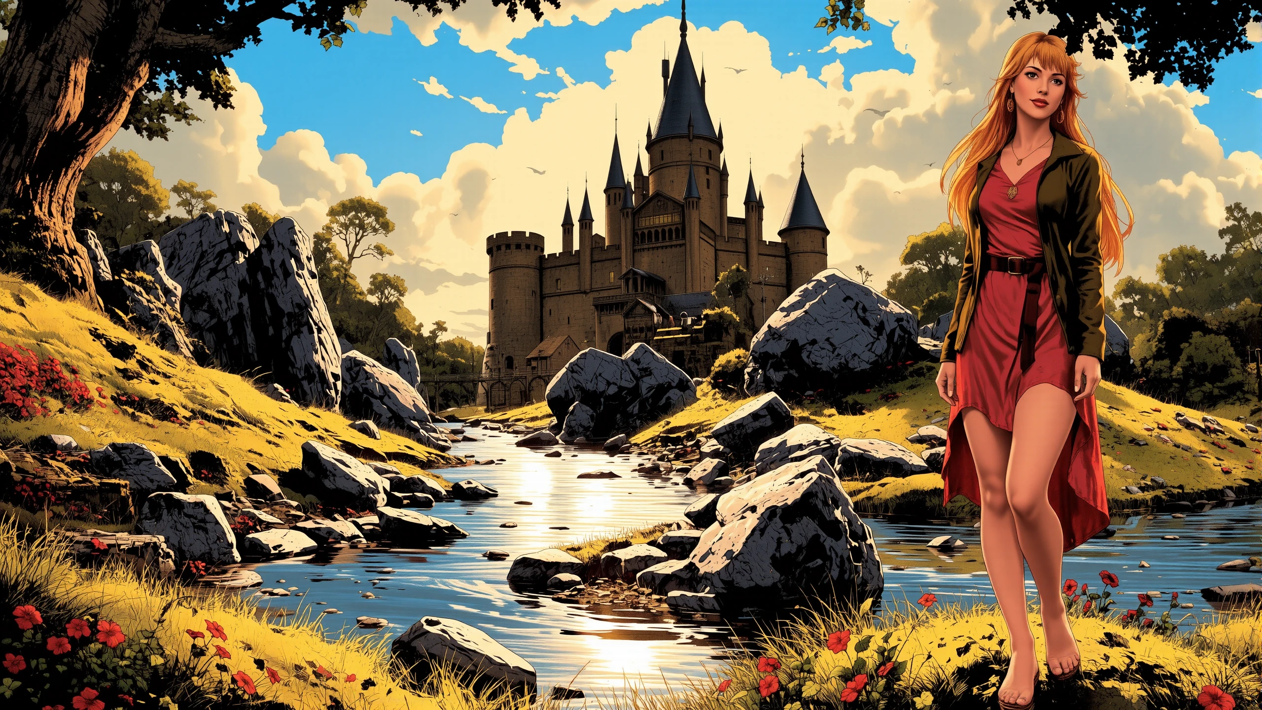 (young woman:1.2), (druid:1.2), illustration, shag   strawberry blonde hair,  close-up portrait, (standing:0.9), full body, legs, loincloth, (sandals),  Cherry Blossom Pink (druid clothes), flower in hair, jacket earrings, celtic necklace, glossy lips, happy (smile:0.6), pretty beautiful, feminine, (nice lovely,adorable cute:0.8), sexy, (in love romantic loving:0.8), fantasy, (beautiful celtic landscape:0.9), (very detailed:1.2), (best quality:1.2), sharp focus, (big rocks:0.9), (moss:0.4), (ripples, reflections:0.8), celtic  castle, (small river small pond:0.5), druid forest, (druid village:1.2), (stunning nature environment:0.8) , (enchanted land:0.5), bright (sunny sky), (sunset:0.3), high contrast, natural light, backlight, shadows, (lens flare:0.4), (vibrant colors, colorful):0.6, clovers, (Wine Red flowers:0.9), leaves, <lora:Hand v2:0.8> Detailed hand, Hand, Perfect hand <lora:Vintage comic book:1> <lora:Luminous_Shadowscape:0.3>