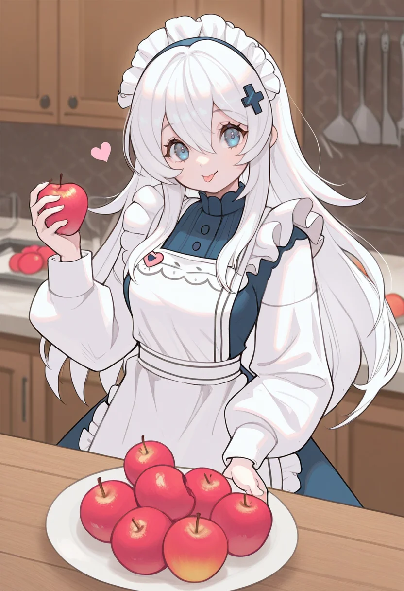 masterpiece, best quality, <lora:Alpaca:1> 4lp4c4, 1girl, food, apron, tongue, tongue out, blue eyes, solo, long hair, heart, holding, hair ornament, looking at viewer, long sleeves, fruit, white hair, bangs, smile, hair between eyes, frills