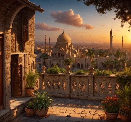 RAW photo, (masterpiece:1.3), subsurface scattering, heavy shadow, (high quality:1.4), (intricate, high detail:1.2), professional photography, HDR, High Dynamic Range, realistic, ultra realistic, photorealistic, high resolution, film photography, ambient lighting, atmospheric effects, <lora:detail_slider_v4:2>, OverallDetail,   <lora:Arabian_Town:1>, artow,6+boys, architecture, artow, building, castle, city, cloud, day, no humans, outdoors, palm tree, plant, potted plant, scenery, sky, sunset, traditional media, tree, epiCPhoto