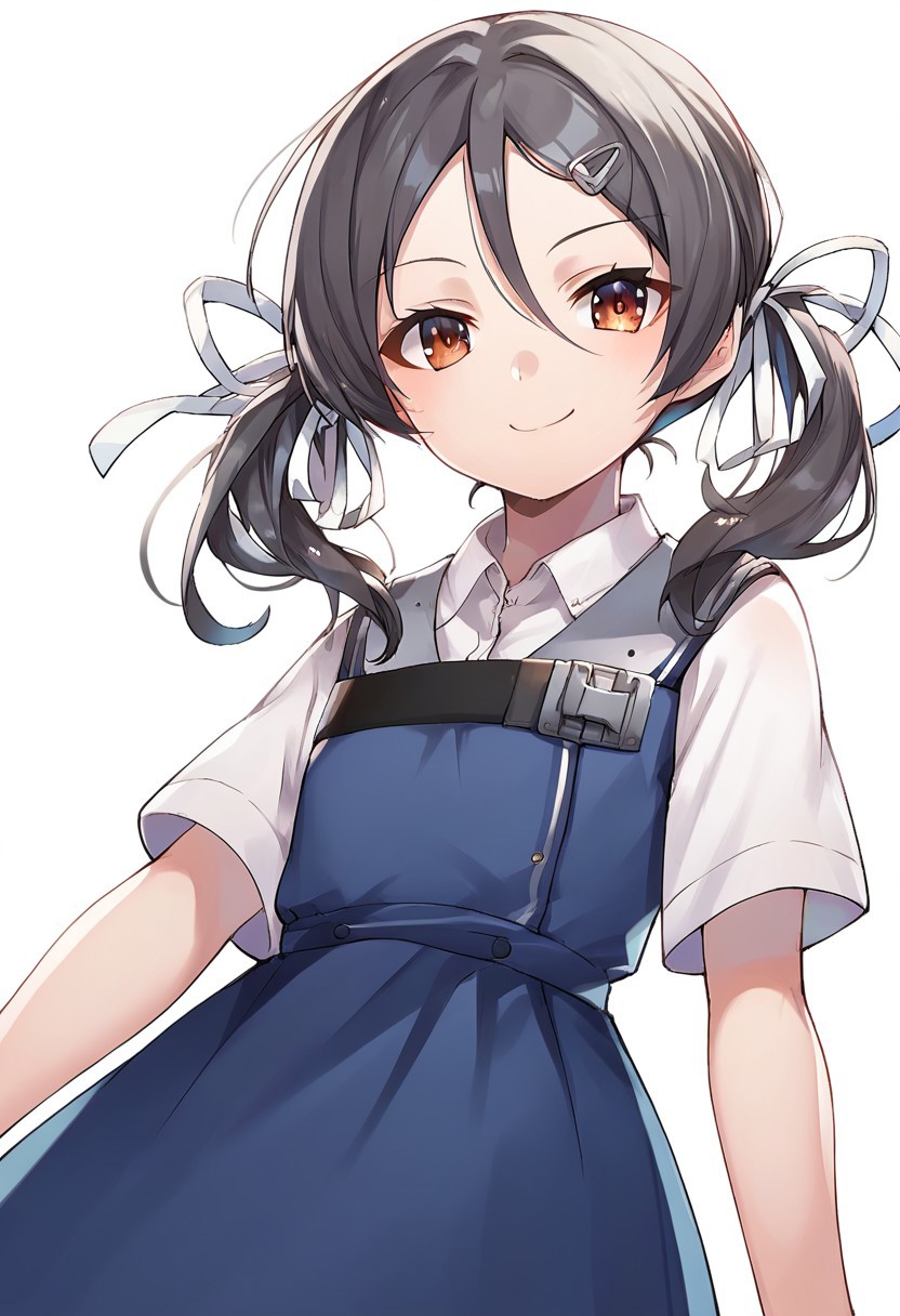 score_9, score_8_up, score_7_up, source_anime, inagi (kancolle), 1girl, solo, hairclip, ribbon, twintails, looking at viewer, hair ribbon, dress, shirt, smile