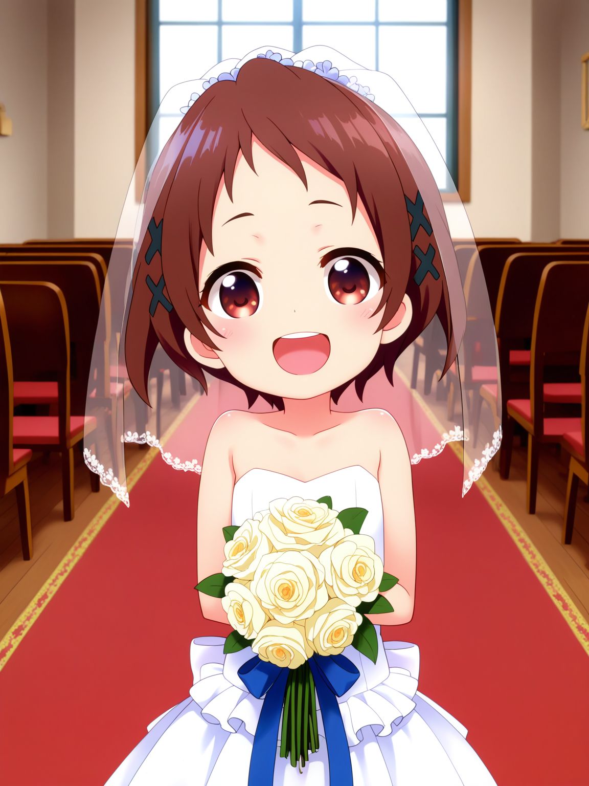 general,best quality, highres, hyper extreme detailed, super fine illustration, ultra-detailed, finely detail, highres, 8k wallpaper,perfect hands, perfect anatomy, detailed face,indoors,church, BREAK
1girl,solo,smile,long hem wedding dress,bridal veil,holding white bouquet, cowboy shot,open mouth,happy,looking at viewer,shortstack,flat chest,child,(skinny:1.2), <lora:illustriousXL Mizukoshi Mio V2:1> mizukbse, x hair ornament,  <lora:r0tary_eng1ne:1.2> r0tary_eng1ne