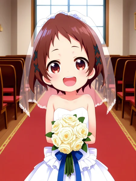 general,best quality, highres, hyper extreme detailed, super fine illustration, ultra-detailed, finely detail, highres, 8k wallpaper,perfect hands, perfect anatomy, detailed face,indoors,church, BREAK
1girl,solo,smile,long hem wedding dress,bridal veil,holding white bouquet, cowboy shot,open mouth,happy,looking at viewer,shortstack,flat chest,child,(skinny:1.2), <lora:illustriousXL Mizukoshi Mio V2:1> mizukbse, x hair ornament, <lora:r0tary_eng1ne:1.2> r0tary_eng1ne