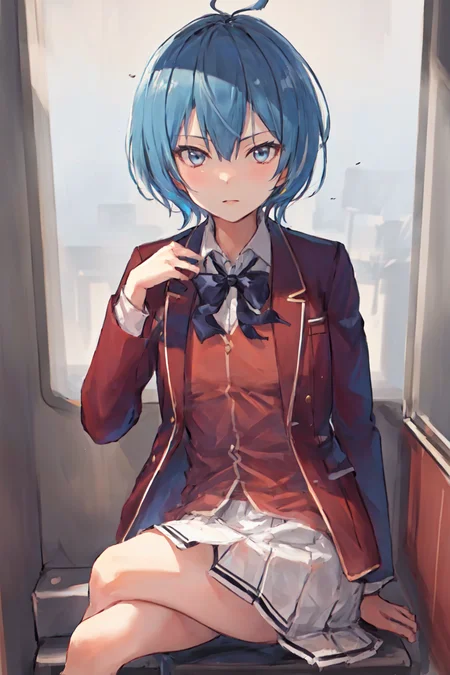 masterpiece, best quality, highres, 1girl ibuki mio short hair blue hair, white skirt red jacket open jacket <lora:ibuki_mio:1> sitting, (crossed legs : 1.2)