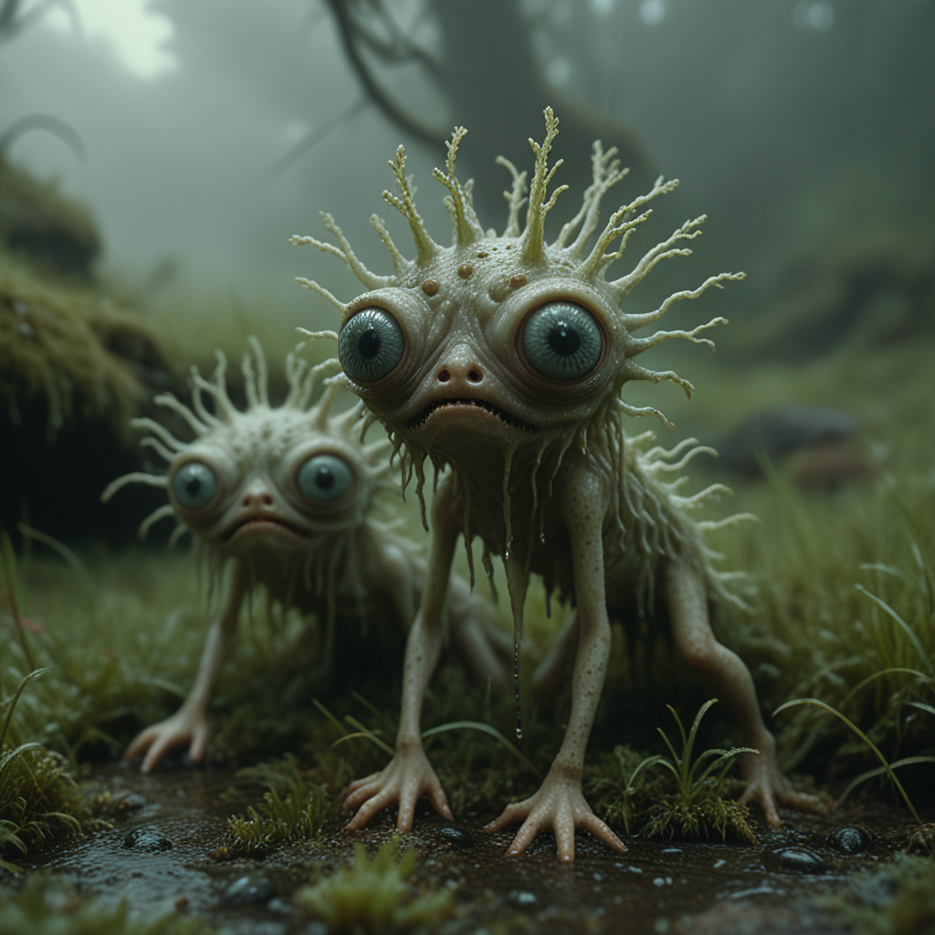 two PXDlichenmutant, wet, scared, hiding in grass, amazing nature, natural lighting, big leaf, analog photo, detailed 4k, creepy creature, moss, stream, water, intricate image details, dripping water, haze, fog, multiple eyes, close-up, low angle, macro photo,