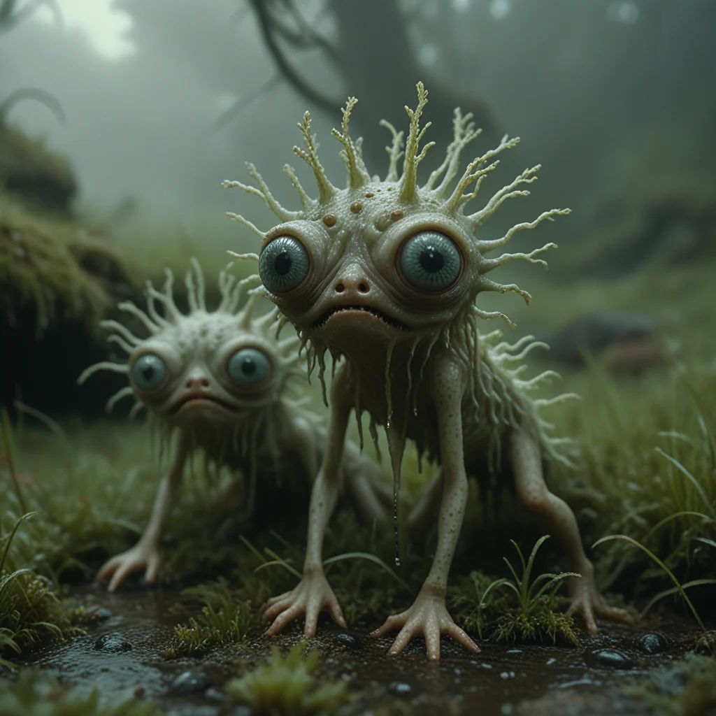 two PXDlichenmutant, wet, scared, hiding in grass, amazing nature, natural lighting, big leaf, analog photo, detailed 4k, creepy creature, moss, stream, water, intricate image details, dripping water, haze, fog, multiple eyes, close-up, low angle, macro photo,