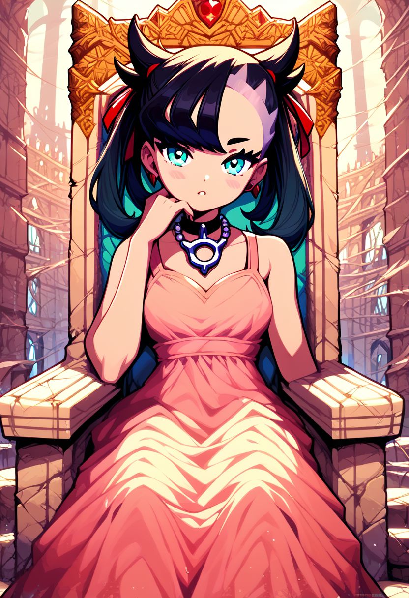score_9, score_8_up, score_8, medium breasts, (curvy), cute, eyelashes,  rating_safe,
pastel, 
BREAK, 
zzMarnie, aqua eyes, black choker, red ribbon, long pink dress, jewelry, 
BREAK, 
head tilt, sitting on throne, huge throne, oversized throne, ruins, 
abandoned castle, crown, pearl necklace, 
zPDXL,