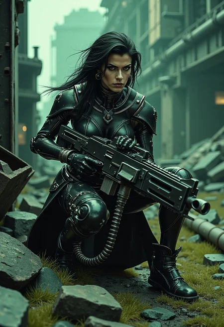 d4rkc0mic, The subject is dynamic action scene where a cybernetic woman with fully mechanical arms and legs taking cover behind some debri with a heavy machine gun, cyborg elements, post apocalyptic landscape, a lush green field full of ruins and wreckages, expressive, symbolic, choker, side soft light, Dark environment, black over black, highly detailed,
the background features a greenish, (dark), abandoned, industrial setting with metallic pipes and machinery, creating a sense of a dystopian or sci-fi environment. The composition and the poses are dynamic. The composition is dominated by cool tones, with a muted, slightly gritty texture that enhances the gritty, futuristic atmosphere.