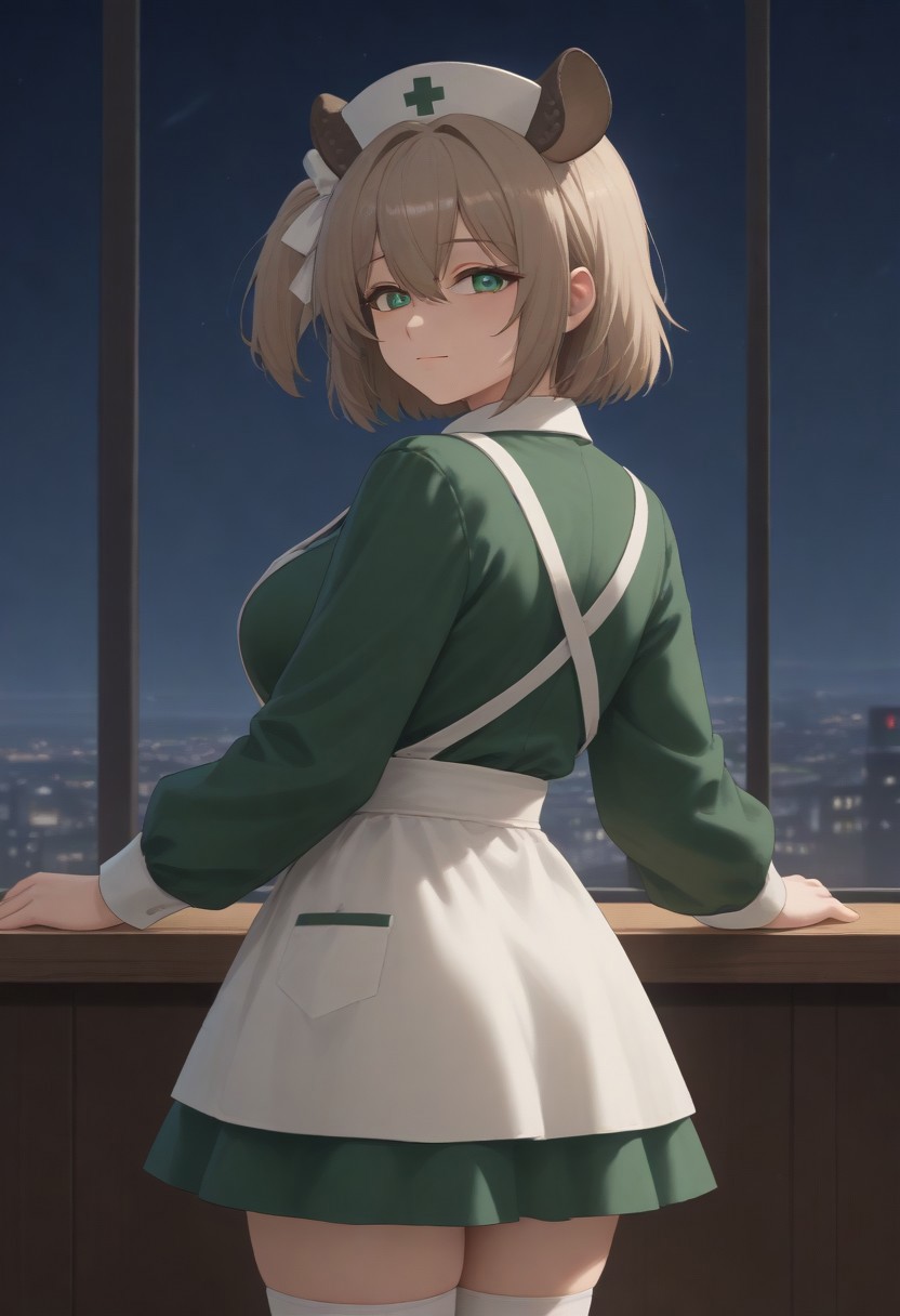 1girl, solo, solo focus, highres, absurdres, NimiNightmare, nurse cap, green eyes, bangs, animal ears, brown hair, hair between eyes, short hair, one side up,
large breasts, white apron, green dress, long sleeves, collared dress, puffy sleeves, white thighhighs,
looking at viewer, closed mouth, smug, head tilt, from behind, looking back, 
cityscape, neon lights, window, dark, night, night sky, light particles, backlighting,
