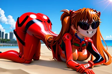 Asuka Langley Soryu, hair ornament, red rubber latex bodysuit, red bodysuit, plugsuit, orange hair, twintails, narrow waist, doll joint, sunnymiami, sunnymiamitf, sunnification, huge breasts, wide hips, :d, teeth, sunglasses, beach, pool, plastic skin, plastic face, tight rubber, asuka cosplay costume, cosplay, plugsuit, bodysuit, well-lit face, plastic hair, crease, creases, big head, gloves, prone, down on all fours, arched back, laying on stomach, hi resolution, hires, high quality, down on hands and knees, fat butt,