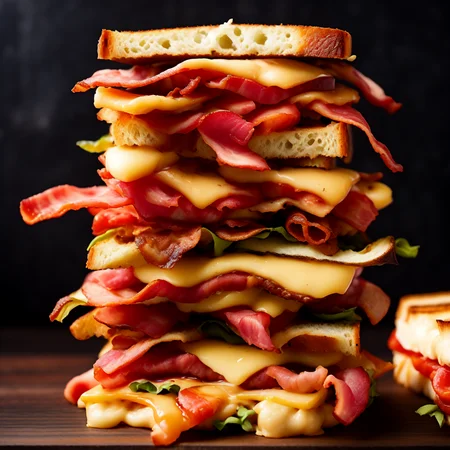 photo (QuadBurger style:1) a bacon, cheese, and tomato sandwich stacked on top of each other <lora:djzQuadBurgerV21:1>