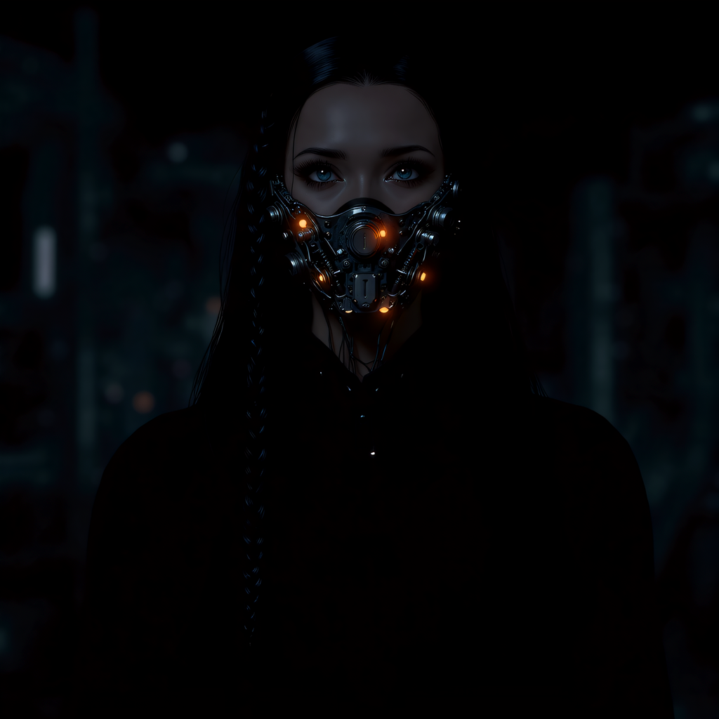 Create a detailed and realistic illustration of a futuristic, cybernetic woman with a strong, mechanical appearance. Her face is adorned with intricate metal and cybernetic components, including glowing orange lights and mechanical bolts. Her hair is long and braided, with strands of metal and wires visible. The background should be a dark, industrial setting with blurred lights and structures, giving a sense of a futuristic, sci-fi environment. The overall style should be dark and dramatic, with a focus on the intricate details of the cybernetic components.   <lora:artist/style_of_H._R._Giger_FLUX_295-000006:0.7>, style of H. R. Giger, <lora:scifi/dvr-transformers-flux:0.4>,  <lora:scifi/moxiePunk_v20.safetensors:1.0>,