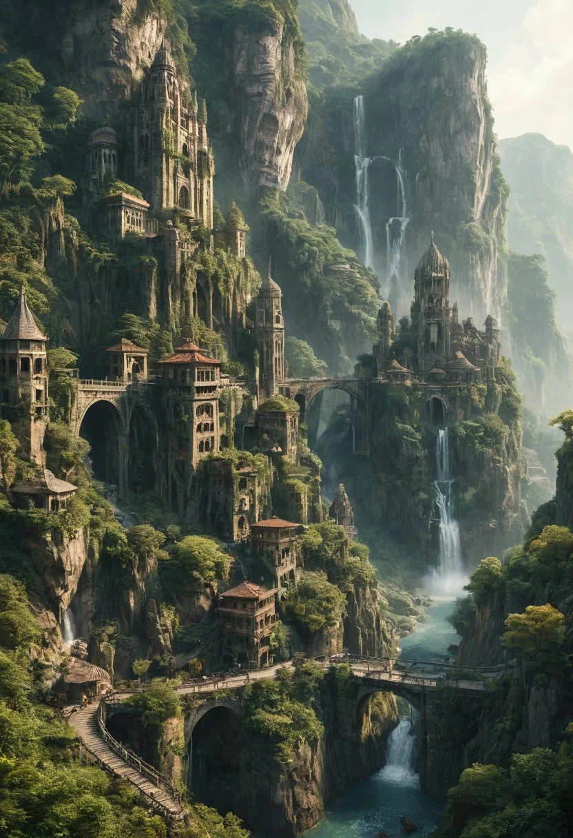A grand, majestic fantasy city carved into a mountainside with intricate architectural designs. The city features multiple domed buildings, towering statues, and a large bridge connecting different parts of the city. The scene is set in a lush landscape with rocky cliffs and waterfalls, creating a sense of awe and wonder.