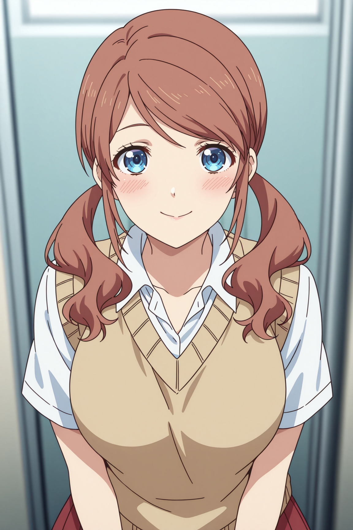 masterpiece, best quality, absurdres, highres, source anime, very aesthetic, BREAK, anime coloring, anime screencap,
<lora:kashiwabara_momo_v2-illustrious:1>, 1girl, kashiwabara momo, domestic na kanojo, blue eyes, brown hair, twintails,
moout, school uniform, sweater vest, pleated skirt, red skirt,
BREAK, looking at viewer, blush, happy, upper body, 
BREAK,âââ
