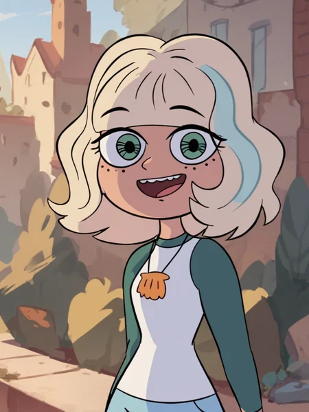 <lora:JackieLPony1.0:0.8> jackiel, blonde hair, 1girl, green eyes, solo, multicolored hair, short hair, shirt, shell necklace, bangs, smile, long sleeves, blue shorts,upper body,looking at viewer,standing,open mouth,outdoors, score_9, score_8_up, score_7_up, score_6_up