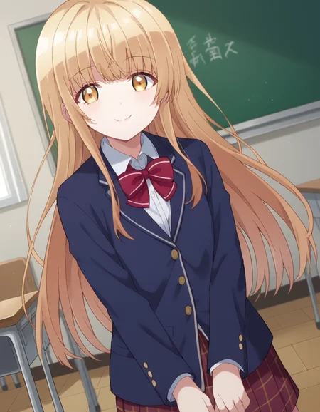 score_9, score_8_up, score_7_up, source_anime,
mahirushiina, <lora:mahiru-shiina-s1-ponyxl-lora-nochekaiser:1>
mahiru shiina, bangs, blonde hair, brown hair, yellow eyes,
long hair, skirt, bow, school uniform, jacket, pleated skirt, plaid, plaid skirt, blazer, cardigan, blue blazer, red bowtie,
indoors, classroom, smile,
looking at viewer, dutch angle, cowboy shot