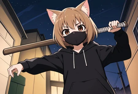 Aisaka_Taiga, 1girl, solo, flat chest, brown_eyes, catgirl, hoodie, from below, no mouth, no nose, baseball bat, black mask, face mask, black hoodie, street, night