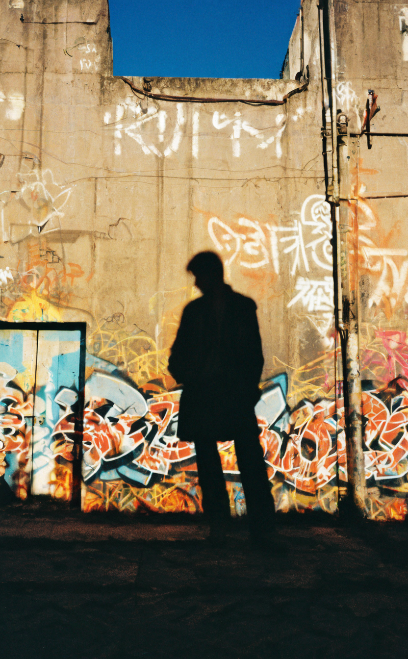 leogirl, realistic Documentary photography, <lora:add-detail-xl:0.3>, 
The setting sun casts a long shadow of a lone figure standing atop an abandoned building. The figure is a young rebel, his silhouette sharply defined against the fiery backdrop of the setting sun. Graffiti murals, a testament to the defiance and creativity of the youth, cover the building's walls. The contrast between the vivid colors of the graffiti and the stark silhouette of the rebel creates a powerful impact. The composition is balanced yet tense, mirroring the rebellious spirit of the subject.