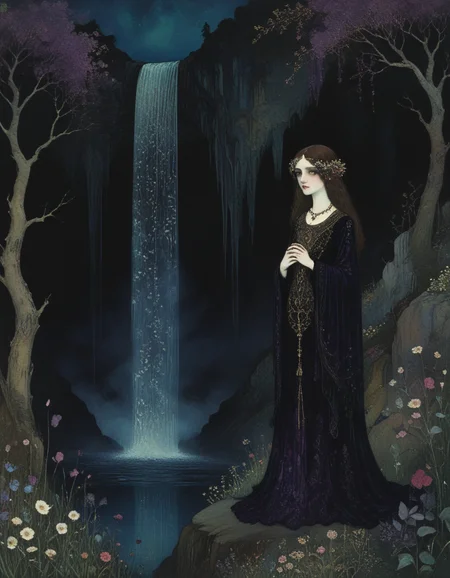 novuschroma style woman in a landscape with a waterfall and flowers by harry clarke <lora:124_novuschromaSXL_a4:1>, <lora:sdxl_lightning_8step_lora:1>