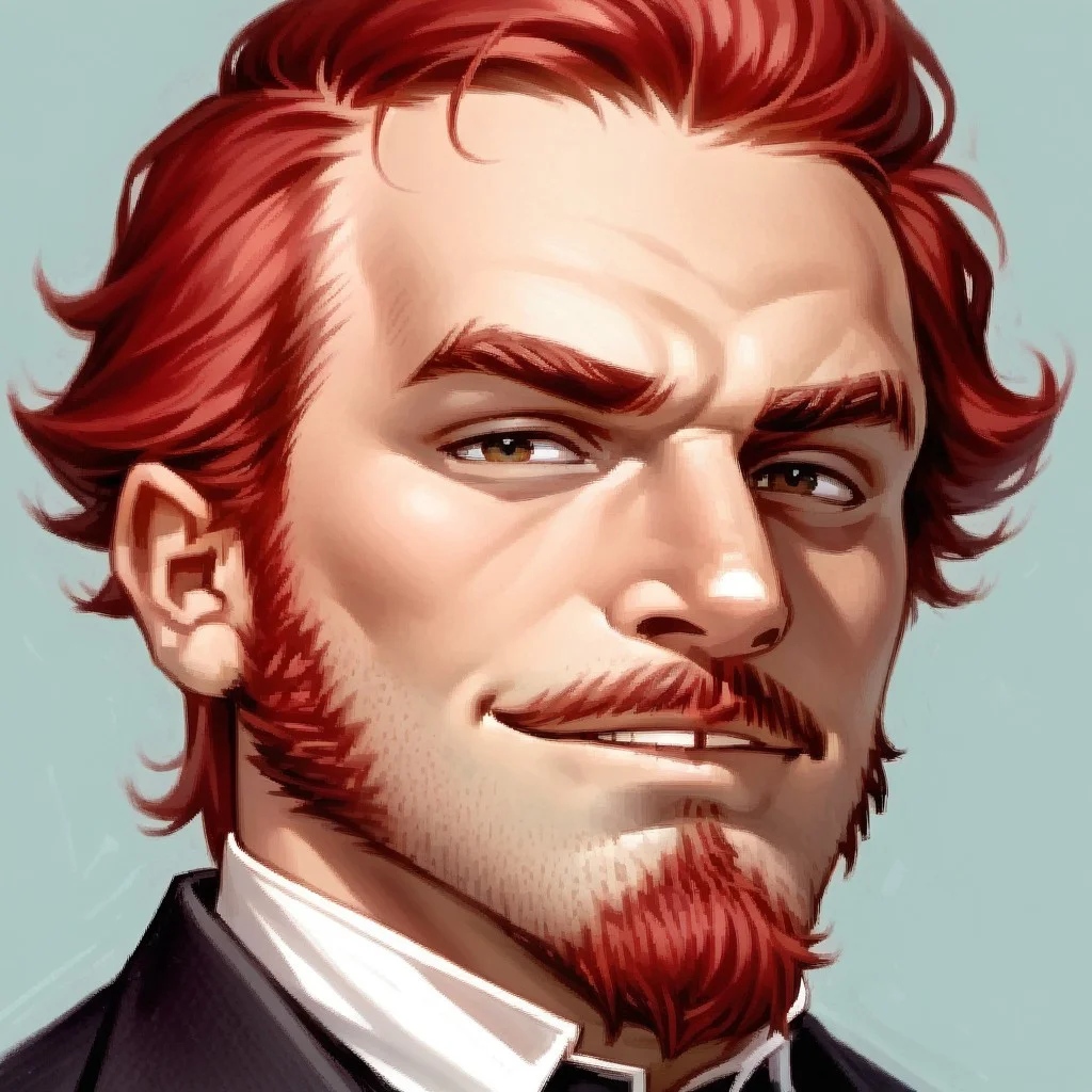 score_8, score_8_up, score_7_up, arcanum_portrait, portrait, traditional media, solo, simple background, 1boy, solo, male focus, facial hair, beard, red hair, goatee, smug, suit,