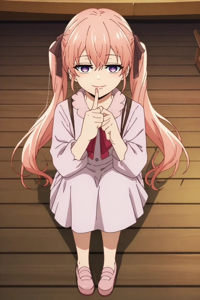 zPDXL, score_9, score_8_up, score_7_up, rating_safe, intricate details, looking at viewer, , 1girl, <lora:erika_amano_pony:0.70>, erika_amano, pink hair, purple eyes, long hair, bangs, hair between eyes, twintails, ribbon, hair ribbon, solo, straight-on, full body, boat, ship, dusk, index finger raised, half-closed eyes, smile, <lora:kami_no_tou_style_pony:0.88>, kami_no_tou_style, , <lora:sdxl_lightning_8step_lora:1>